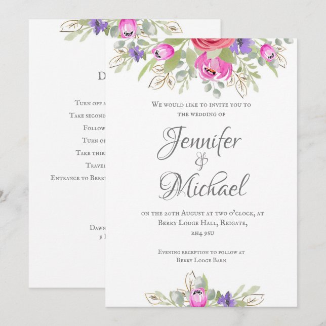 Invitation jolie, rose et lilas aquarelle tulip floral (Devant / Derrière)