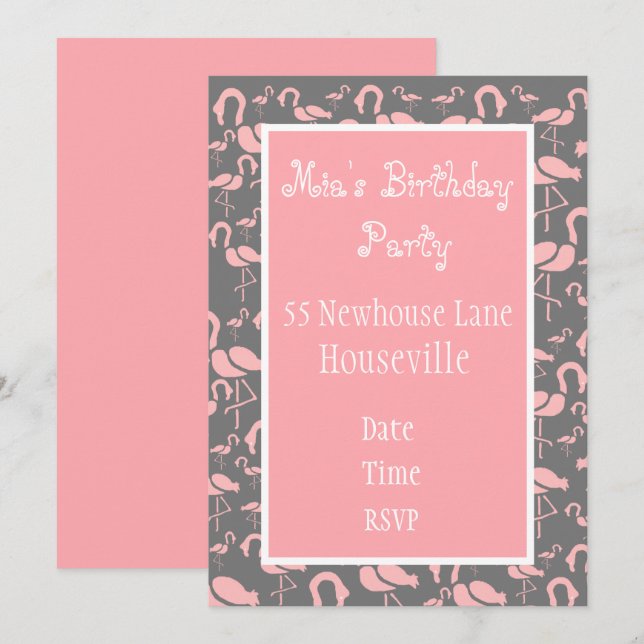 Invitation Jolie rose flamingo art fille (Devant / Derrière)