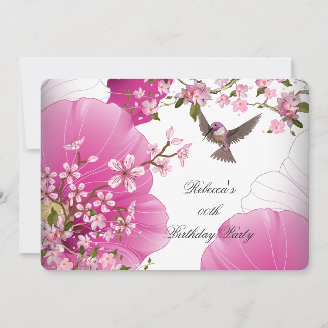 Invitation Jolie rose Fleur asiatique Bird Birthday Party 2L (Devant)