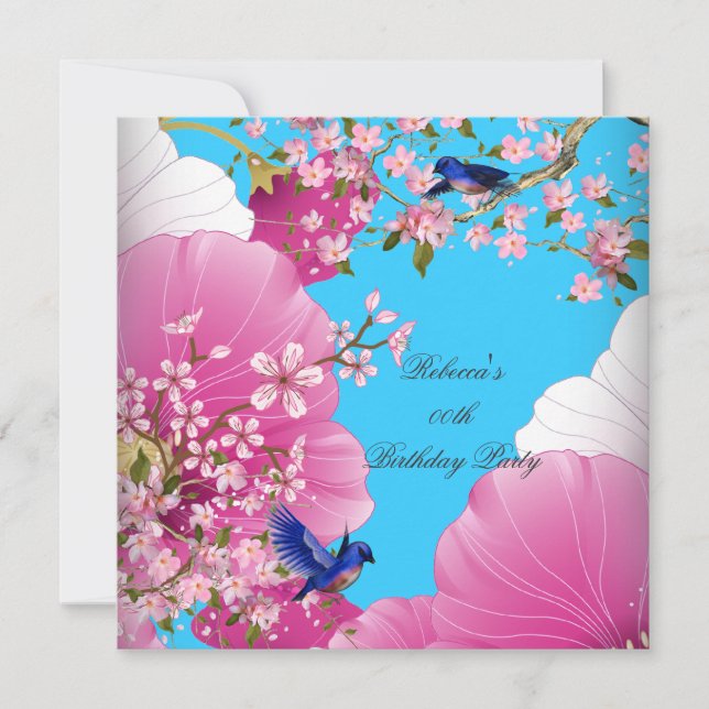 Invitation Jolie rose Fleur asiatique Bluebird fête d'anniver (Devant)
