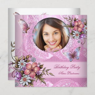 Invitation Jolie rose Fleurs Papillon Blanc Fête Anniversaire