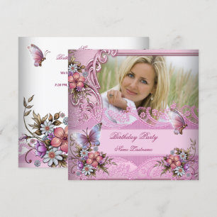 Invitation Jolie rose Fleurs Papillon Blanc Fête Anniversaire