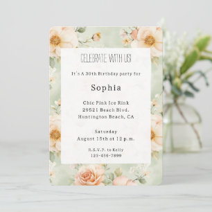 Invitation Jolie rose florale anniversaire pêche menthe