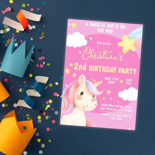 Invitation Jolie rose magique moderne unicorne étoile 2e anni (Créateur téléchargé)