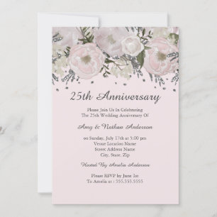 Invitation Jolie rose poudré floral argent 25e anniversaire