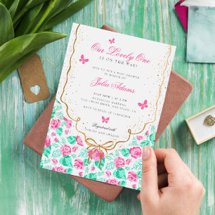 Invitation Jolie rose rose florale ruban doré Baby shower