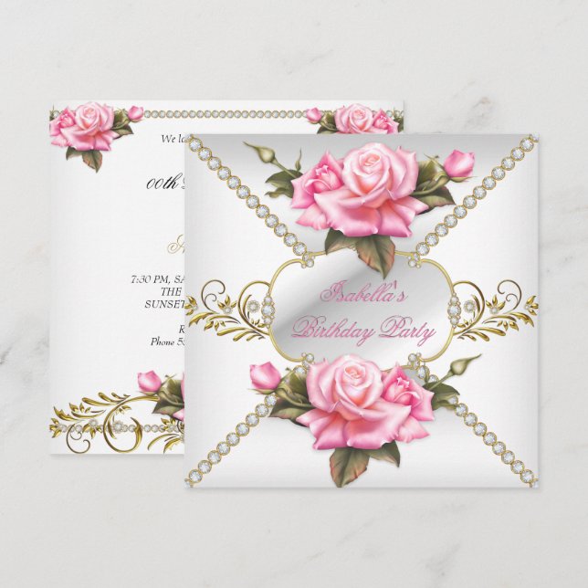 Invitation Jolie rose Roses Blanc Or fête d'anniversaire (Devant / Derrière)