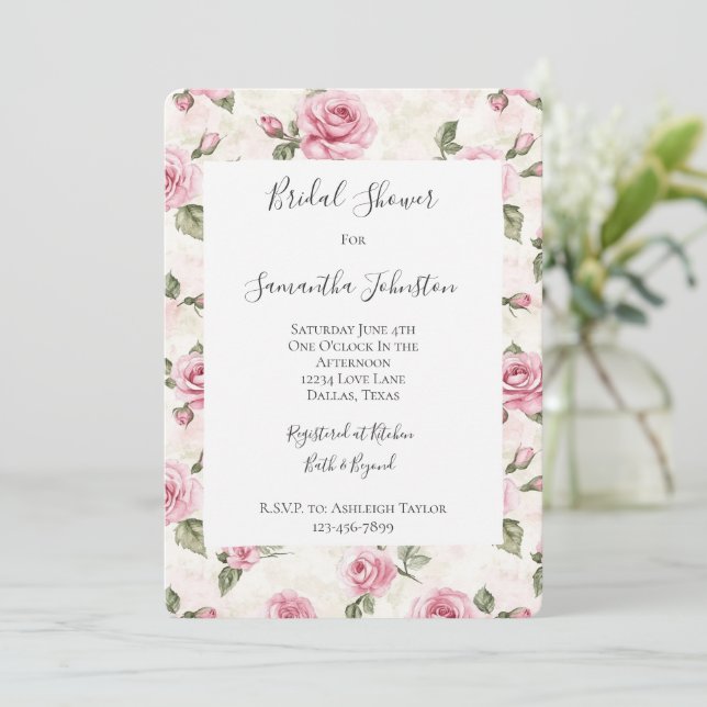 Invitation Jolie rose Roses Fête des mariées florale (Debout devant)