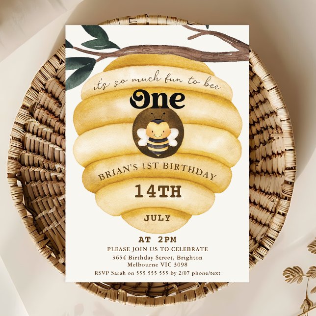 Invitation Jolie ruche Jaune Abeille Thématique 1er anniversa (Bee Themed 1st Birthday Invitation Template, Editable Bee Hive First Birthday Invitation, Honey Bee)