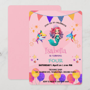 Invitation Jolie Sirène requin arc-en-ciel fête d'anniversair