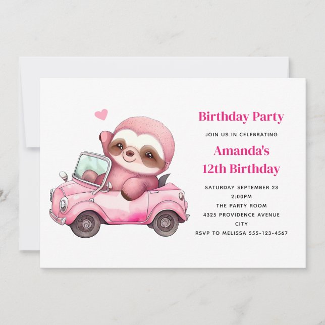 Invitation Jolie Sloth rose conduire une voiture Anniversaire (Devant)