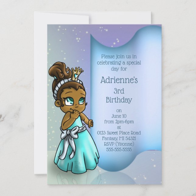 Invitation Jolie soirée d'anniversaire de la princesse afro-a (Devant)