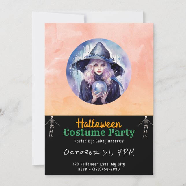 Invitation Jolie sorcière avec Crystal Ball Black Halloween (Devant)