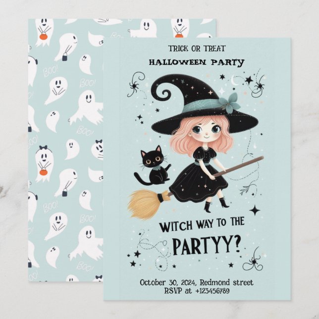 Invitation Jolie sorcière avec la fête du Pun Halloween (Devant / Derrière)