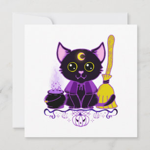 Invitation Jolie sorcière de chat noir d'Halloween