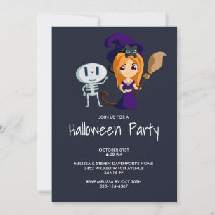Invitation Jolie sorcière en violet avec chat noir et balai