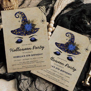 Invitation Jolie Sorcière Filles Halloween Enfants Bleu Anniv