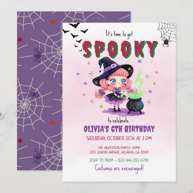 Invitation Jolie sorcière Halloween Fille fête d'anniversaire (Devant / Derrière)
