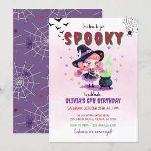 Invitation Jolie sorcière Halloween Fille fête d'anniversaire