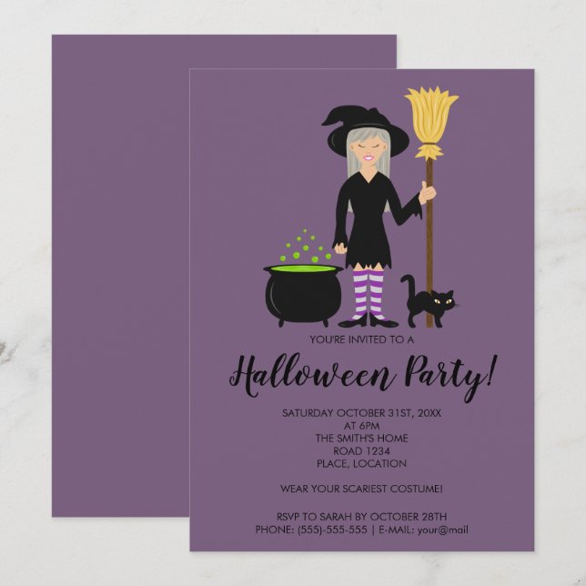 Invitation Jolie Sorcière Volant Sur Une Partie D'Halloween B (Devant / Derrière)