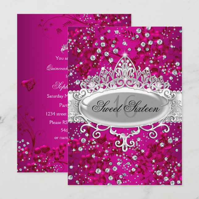 Invitation Jolie Tiara Fleurs Étincelantes Rose Sweet 16 (Devant / Derrière)