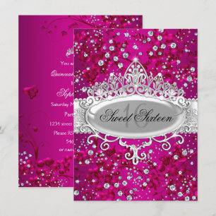 Invitation Jolie Tiara Fleurs Étincelantes Rose Sweet 16