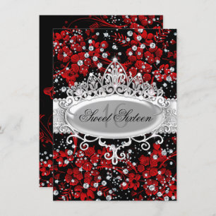 Invitation Jolie Tiara & Fleurs étincelantes Rouge Sweet 16