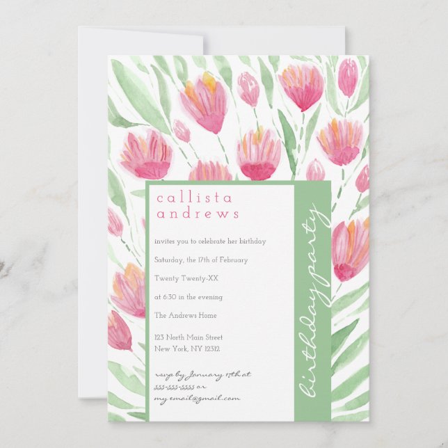 Invitation Jolie Tulipe verte rose Aquarelle florale Annivers (Devant)