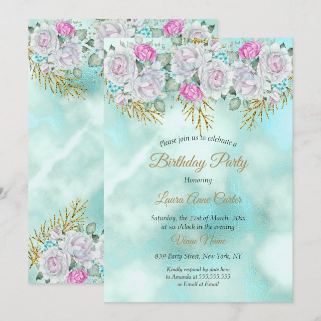 Invitation Jolie Turquoise Blue Gold Floral rose fête d'anniv (Devant / Derrière)