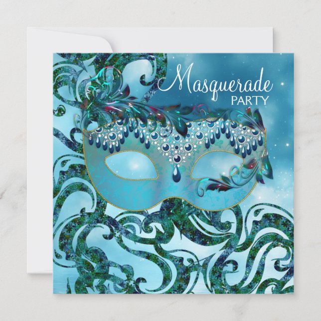 Invitation Jolie Turquoise mascarade bleue (Devant)
