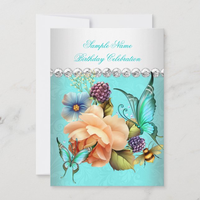 Invitation Jolie Turquoise Pêche Papillon Rose fête d'anniver (Devant)