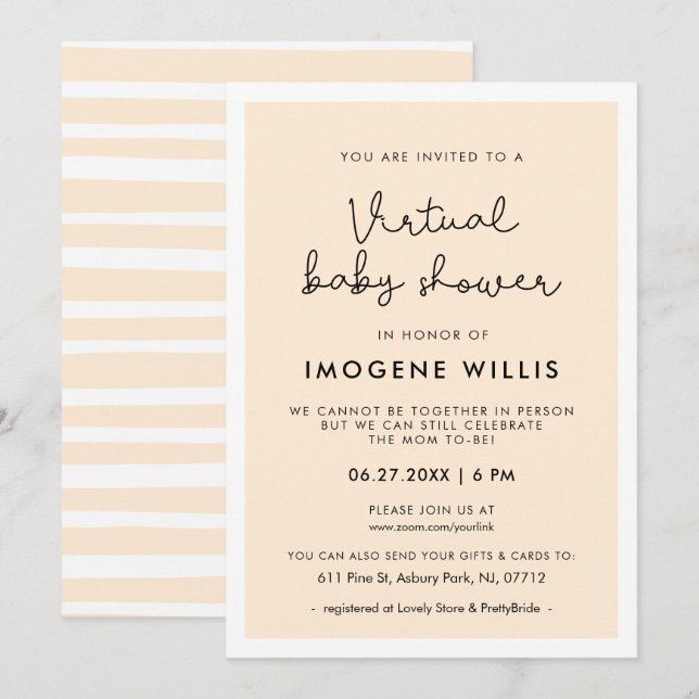 Invitation Jolie typographie blanche Baby shower virtuel (Devant / Derrière)