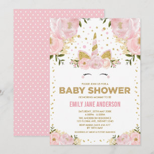 Invitation Jolie Unicorn fille Baby shower rose or floral