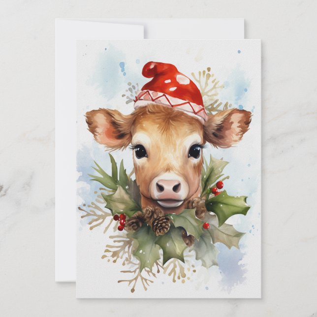 Invitation Jolie vache bébé hiver Noël Aquarelle (Devant)