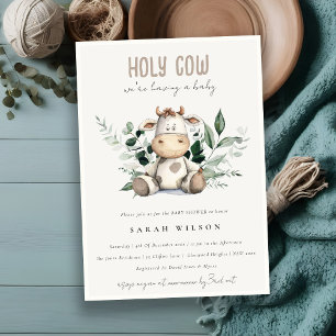 Invitation Jolie Vache Foliage Pastel Baby shower Neutre