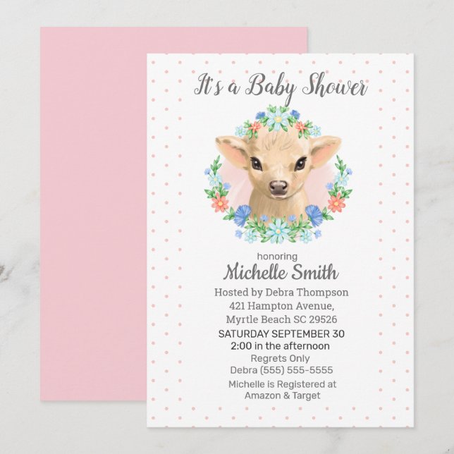 Invitation Jolie Vache Rose filles Baby shower Floral (Devant / Derrière)