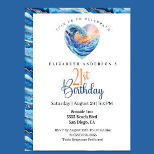 Invitation Jolie Vague Océanique Cœur 21e Anniversaire