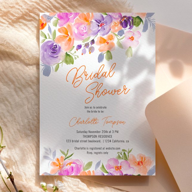 Invitation Jolie violette orangée plume de script nuptiale do (Pretty purple orange floral script bridal shower invitation)