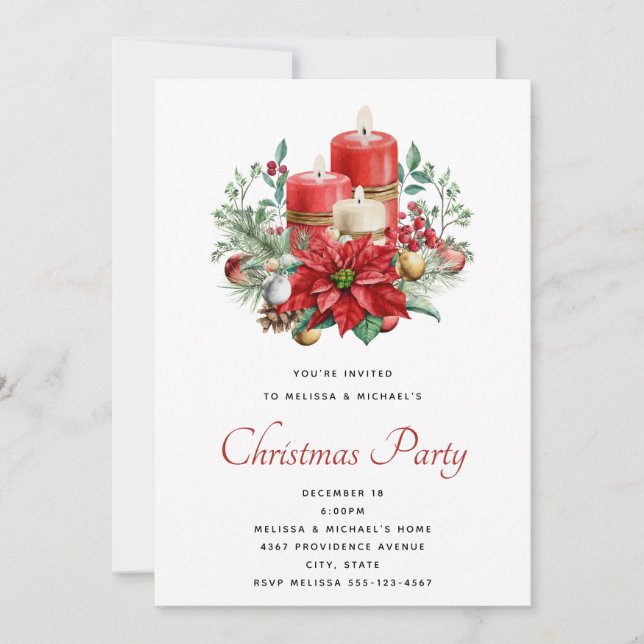 Invitation Jolies bougies et bouquet Poinsettia Noël (Devant)