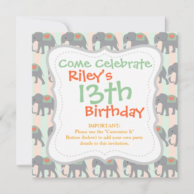 Invitation Jolies éléphants Coral Peach Mint Green Stried (Devant)