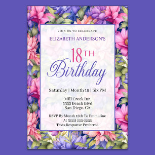 Invitation Jolies Fleurs de Jardin Rose Violet pour 18ème Ann