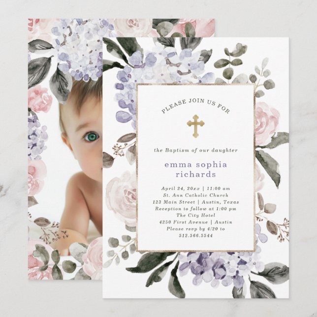 Invitation Jolies fleurs d'Hydrangée | Photo Retour Baptême (Devant / Derrière)