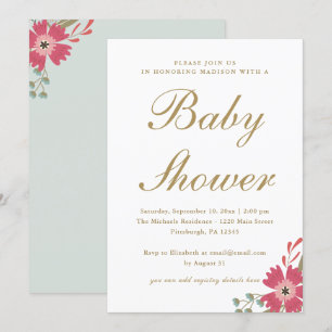 Invitation Jolies fleurs et Baby shower vert menthe