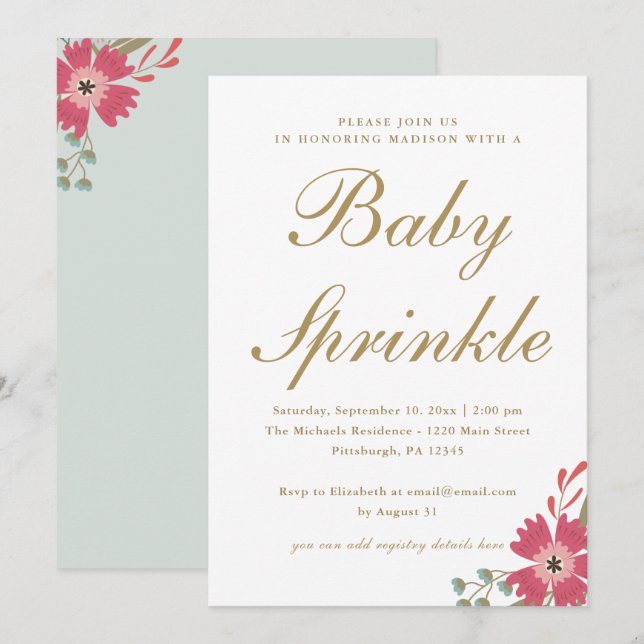 Invitation Jolies fleurs et pinte verte saupoudrer bébé (Devant / Derrière)