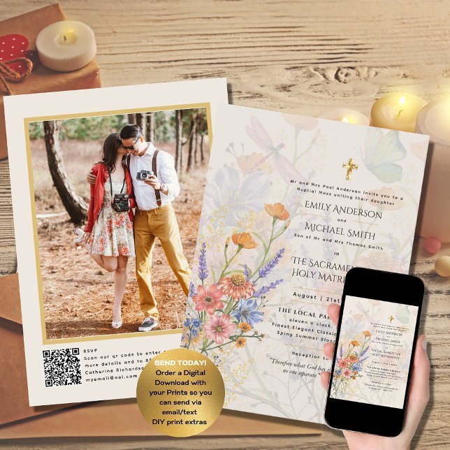 Invitation Jolies fleurs Mariage de la photo de masse catholi (Créateur téléchargé)