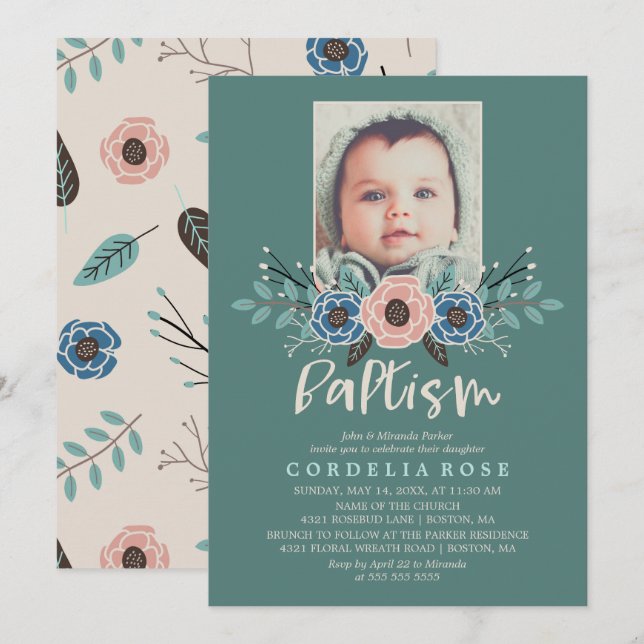 Invitation Jolies fleurs | Photo Baptême rose et vert (Devant / Derrière)
