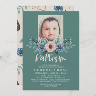 Invitation Jolies fleurs   Photo Baptême rose et vert