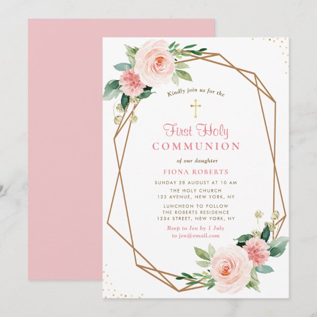 Invitation jolies fleurs roses rousses première communion sai (Devant / Derrière)