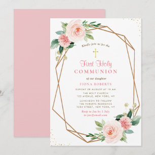 Invitation jolies fleurs roses rousses première communion sai