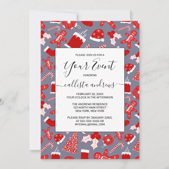 Invitation Jolies Illustrations Rouges Festives Motif de Noël (Devant)